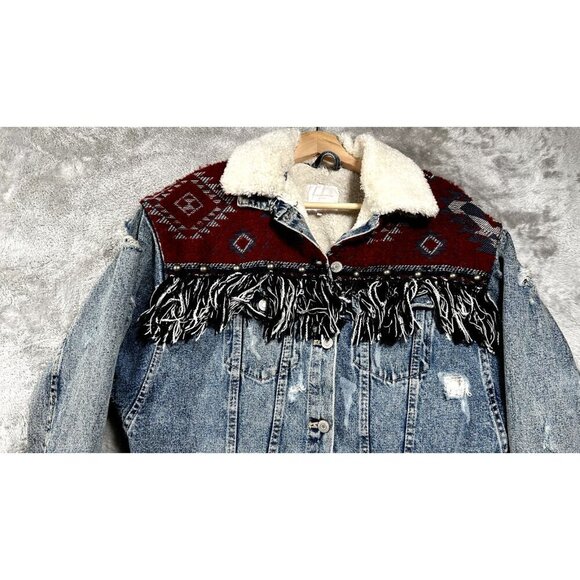 Zara trafaluc Denim Western Jacket Coat Aztec Sherpa Lined Fringe Tribal Sz S - Picture 6 of 8